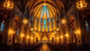 A photograph of a beautifully illuminated cathedral interior