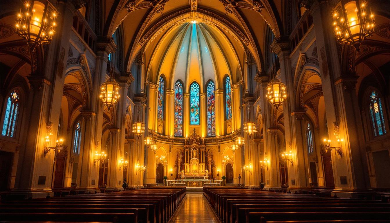 A photograph of a beautifully illuminated cathedral interior