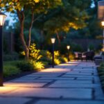 A photograph of a beautifully illuminated backyard scene featuring stylish outdoor lamps that highlight pathways and seating areas
