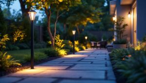 A photograph of a beautifully illuminated backyard scene featuring stylish outdoor lamps that highlight pathways and seating areas