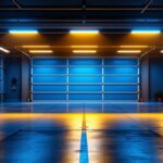 A photograph of a well-lit garage interior showcasing motion sensor lights in action
