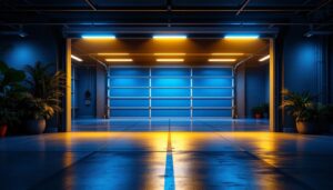 A photograph of a well-lit garage interior showcasing motion sensor lights in action