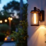 A photograph of a stylish outdoor wall light fixture in a beautifully landscaped setting