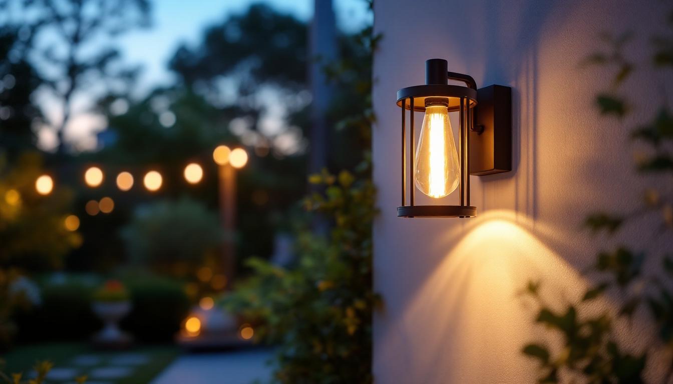 A photograph of a stylish outdoor wall light fixture in a beautifully landscaped setting