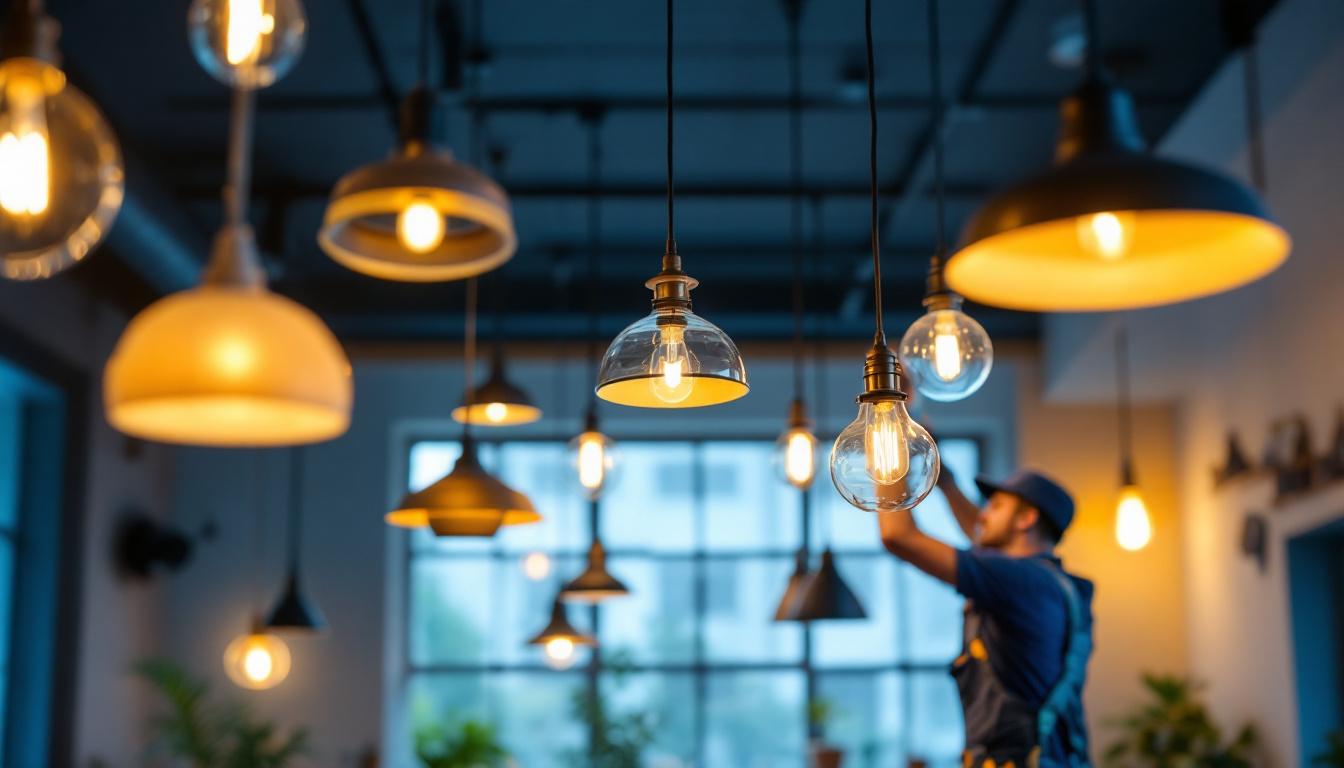 A photograph of a stylishly designed space featuring an array of elegant hanging lights