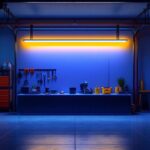 A photograph of a modern garage illuminated by a sleek led light bar