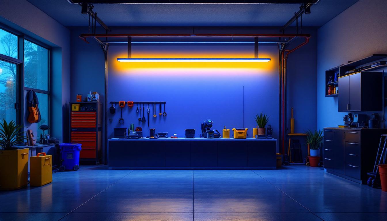A photograph of a modern garage illuminated by a sleek led light bar
