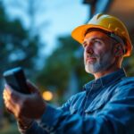 A photograph of a skilled lighting contractor installing a led photocell in an outdoor setting