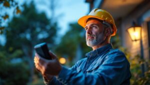 A photograph of a skilled lighting contractor installing a led photocell in an outdoor setting