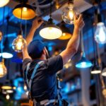 A photograph of a skilled lighting contractor expertly installing or adjusting various lighting fixtures in a well-lit environment