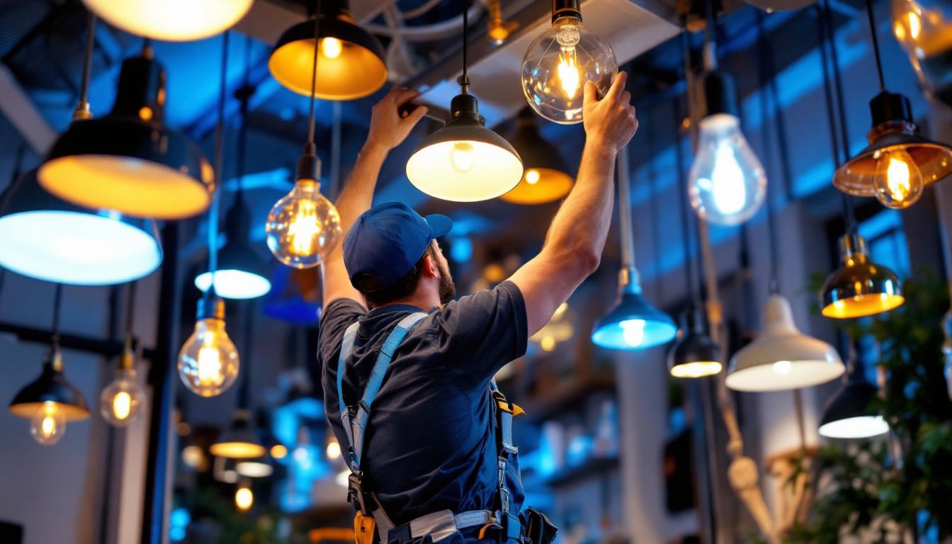 A photograph of a skilled lighting contractor expertly installing or adjusting various lighting fixtures in a well-lit environment