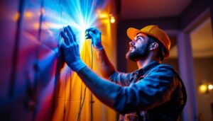 A photograph of a skilled lighting contractor installing led fixtures in a modern residential or commercial space