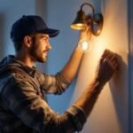 A photograph of a lighting contractor in action