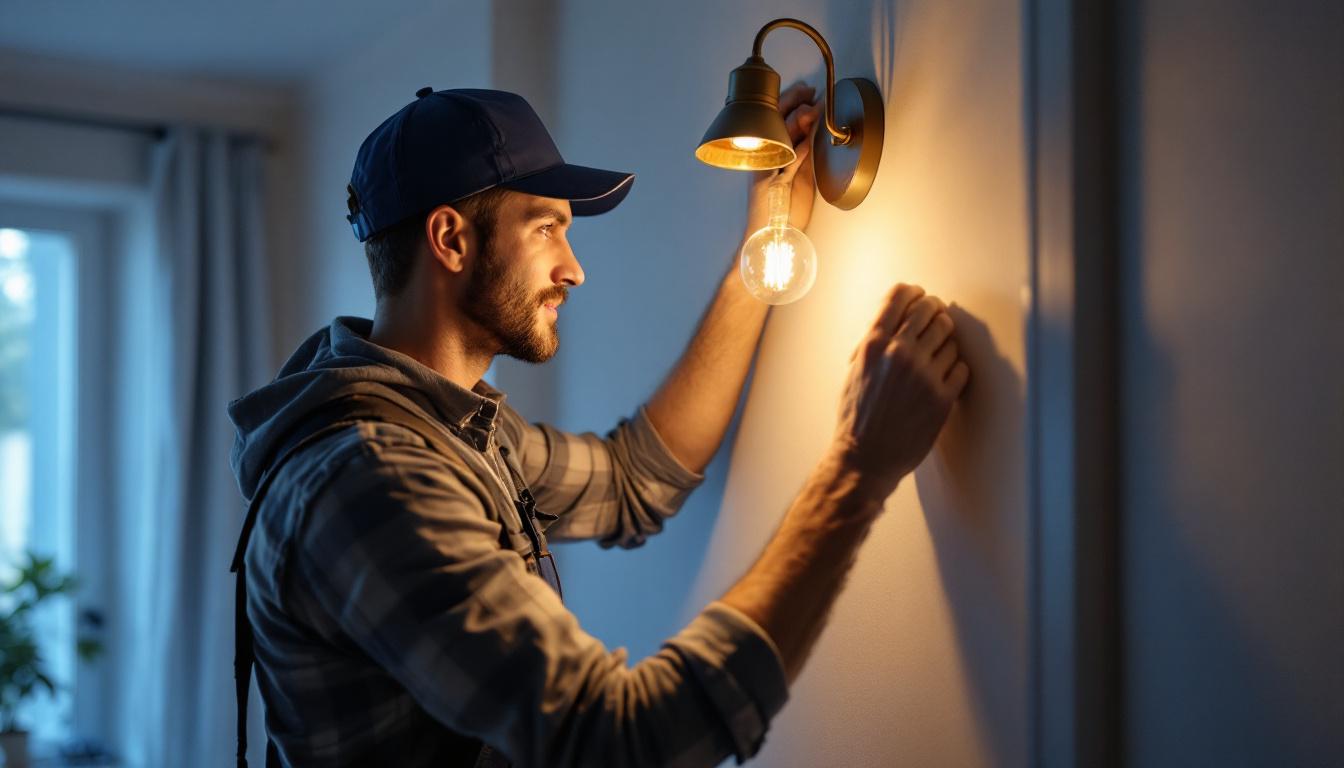 A photograph of a lighting contractor in action