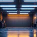 A photograph of a well-lit garage featuring sleek strip lights installed along the ceiling and walls