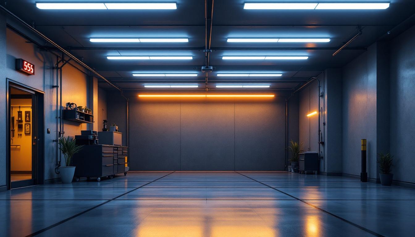 A photograph of a well-lit garage featuring sleek strip lights installed along the ceiling and walls