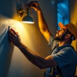 A photograph of a lighting contractor at work