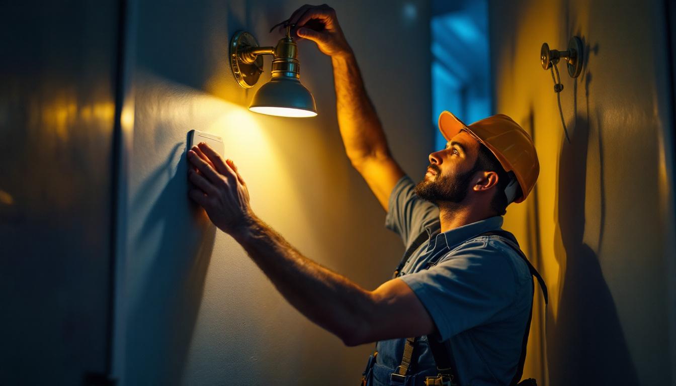 A photograph of a lighting contractor at work