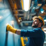 A photograph of a lighting contractor installing t8 fixtures in a commercial space