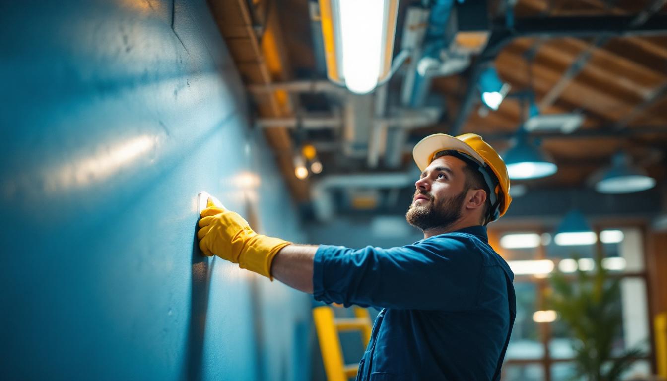 A photograph of a lighting contractor installing t8 fixtures in a commercial space