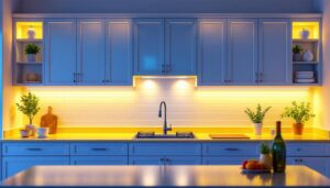 A photograph of a well-lit kitchen featuring under cabinet lighting