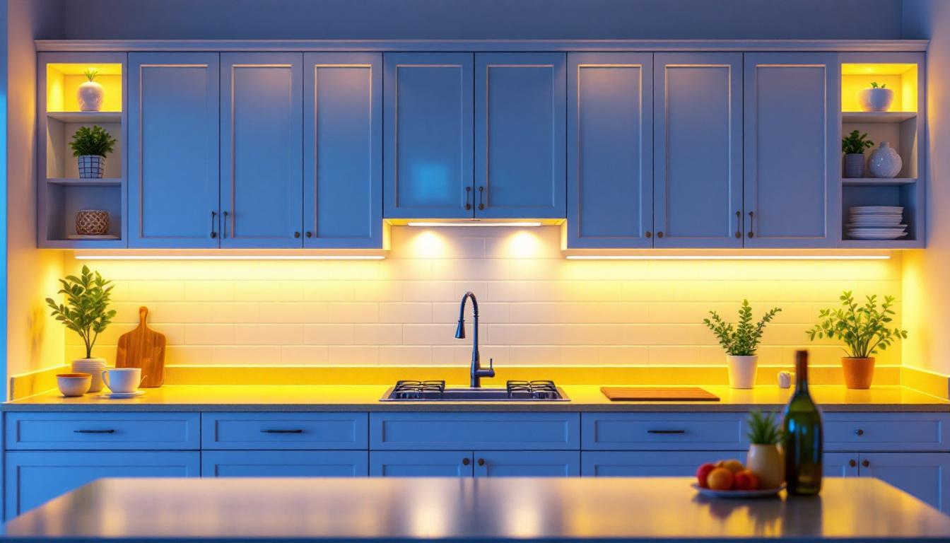 A photograph of a well-lit kitchen featuring under cabinet lighting