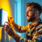 A photograph of a lighting contractor installing a smart lighting switch in a modern home setting