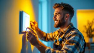 A photograph of a lighting contractor installing a smart lighting switch in a modern home setting