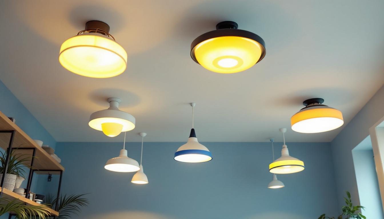 A photograph of a well-lit room featuring various inexpensive ceiling light fixtures