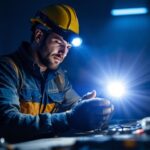 A photograph of a lighting contractor using a powerful 5000 lumen headlight in a dark environment