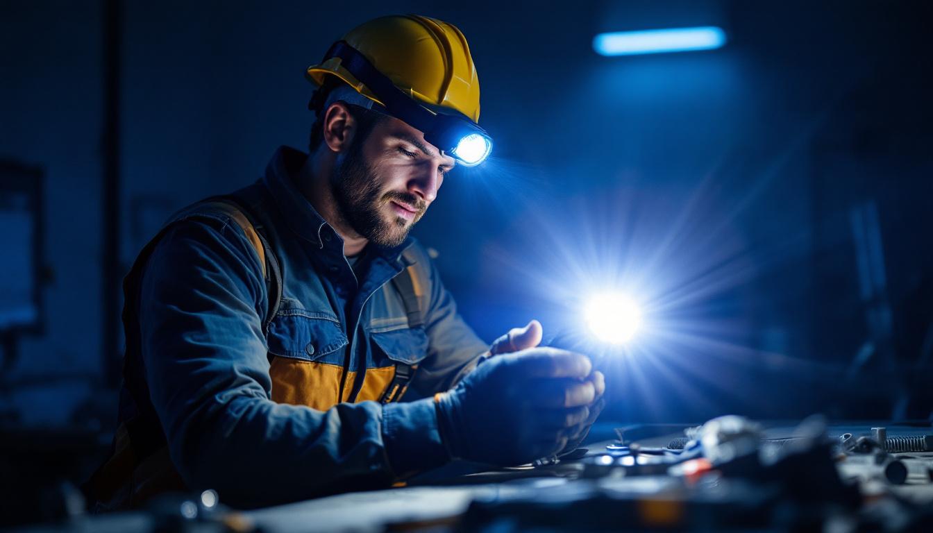 A photograph of a lighting contractor using a powerful 5000 lumen headlight in a dark environment