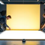 A photograph of a well-lit workspace featuring a lighting contractor measuring and installing a 4ft by 4ft lighting panel