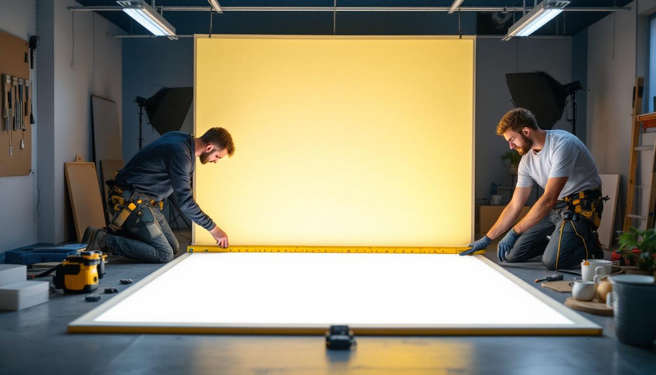 A photograph of a well-lit workspace featuring a lighting contractor measuring and installing a 4ft by 4ft lighting panel