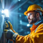 A photograph of a skilled lighting contractor expertly installing or adjusting innovative job site lighting solutions in a dynamic construction environment