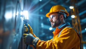 A photograph of a skilled lighting contractor expertly installing or adjusting innovative job site lighting solutions in a dynamic construction environment
