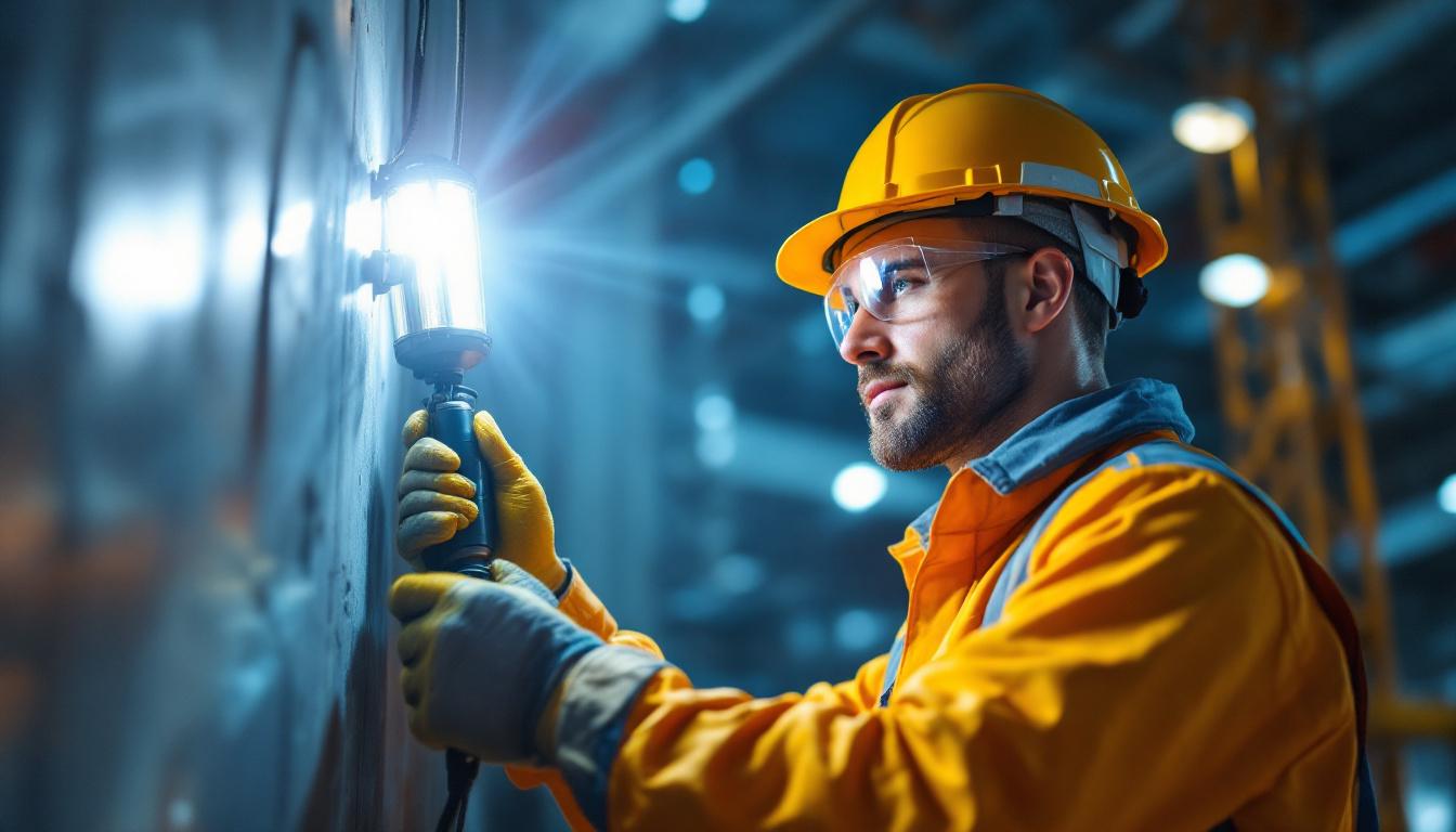 A photograph of a skilled lighting contractor expertly installing or adjusting innovative job site lighting solutions in a dynamic construction environment