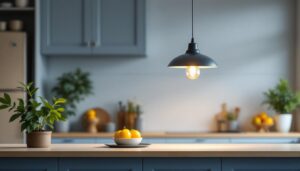 A photograph of a stylish small hanging kitchen light fixture in a modern kitchen setting