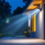 A photograph of a well-lit exterior space showcasing various types of security lights installed on a home or building