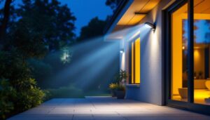 A photograph of a well-lit exterior space showcasing various types of security lights installed on a home or building