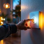 A photograph of a lighting contractor adjusting a modern dimmer switch in a stylishly lit room