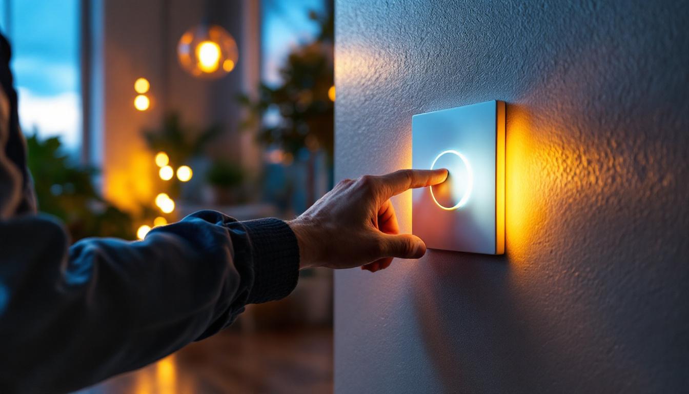 A photograph of a lighting contractor adjusting a modern dimmer switch in a stylishly lit room