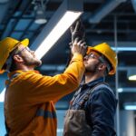 A photograph of a lighting contractor expertly installing led tube lights in a modern commercial space