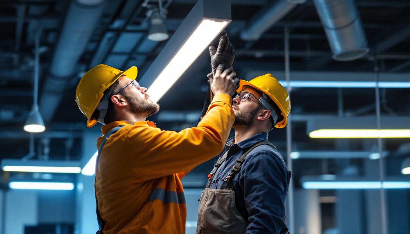 A photograph of a lighting contractor expertly installing led tube lights in a modern commercial space