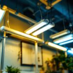A photograph of a well-lit workspace featuring a variety of fluorescent lamps in use
