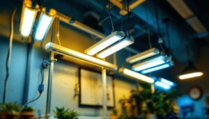 A photograph of a well-lit workspace featuring a variety of fluorescent lamps in use