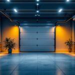 A photograph of a modern garage interior featuring sleek recessed lighting that highlights the space's functionality and energy efficiency