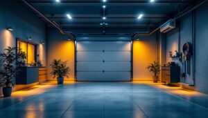 A photograph of a modern garage interior featuring sleek recessed lighting that highlights the space's functionality and energy efficiency