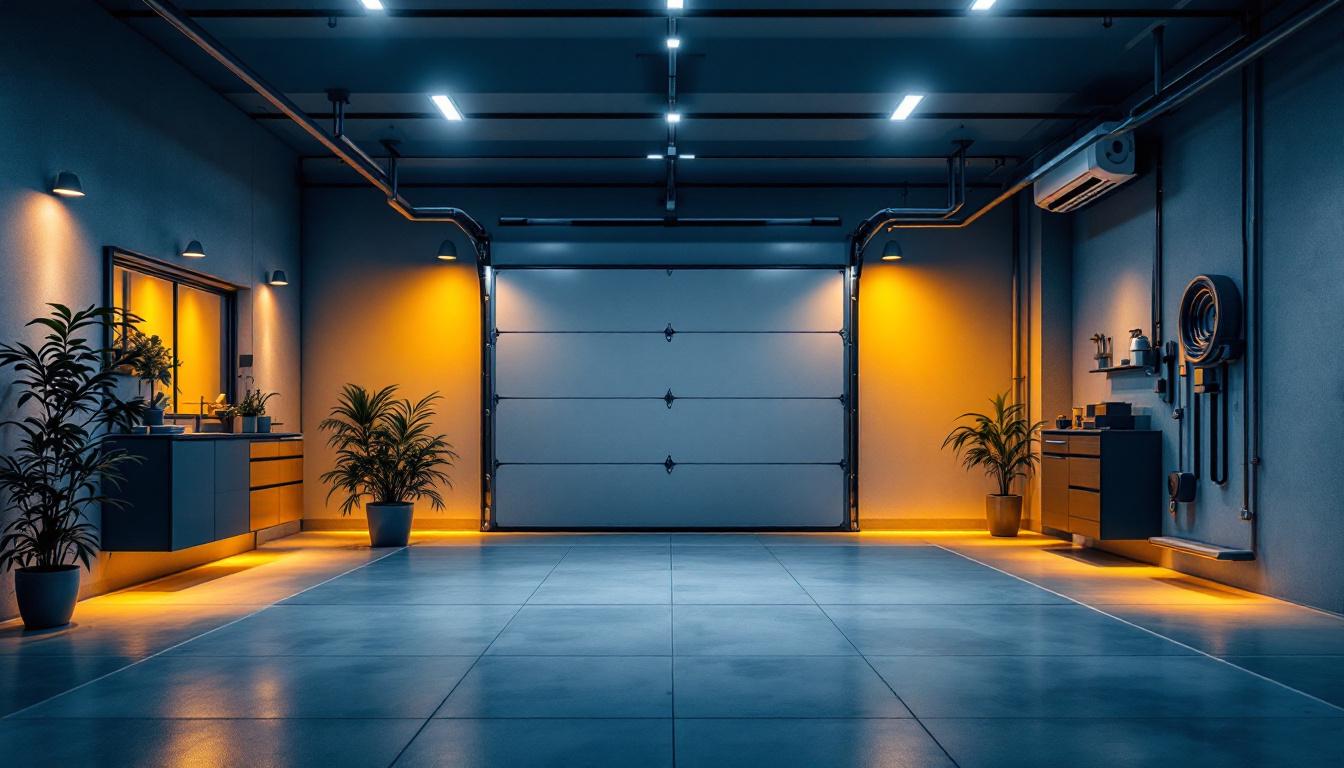 A photograph of a modern garage interior featuring sleek recessed lighting that highlights the space's functionality and energy efficiency