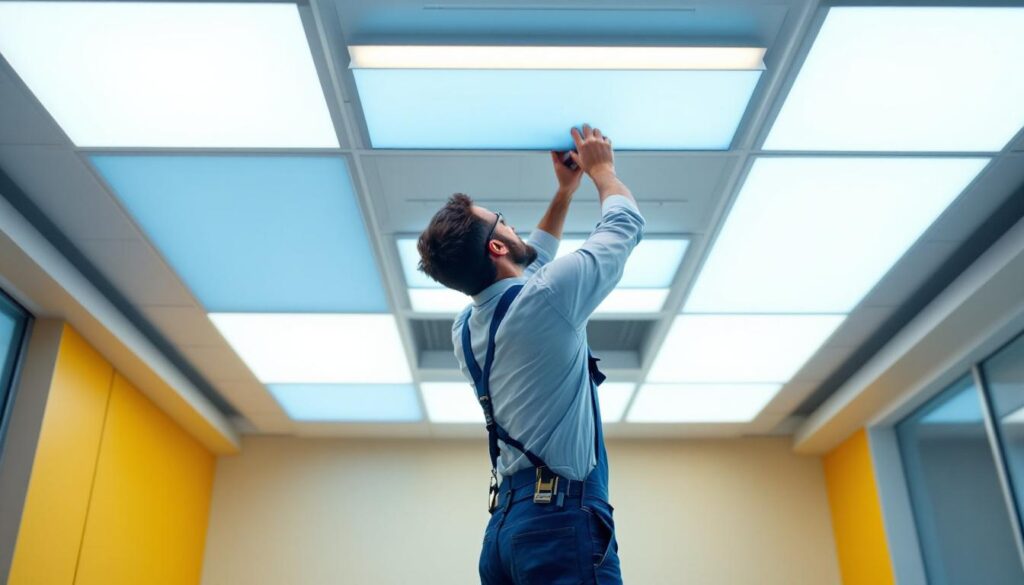 A photograph of a modern ceiling installation featuring led light panels in a well-lit room