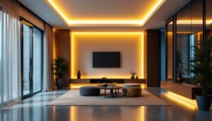 A photograph of a beautifully designed room featuring recessed ceiling led strip lighting